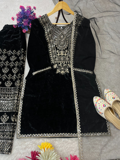 VELVET SEQUENCE EMBROIDERY WORK SUIT PANT WITH DUPATTA single available wholesale
