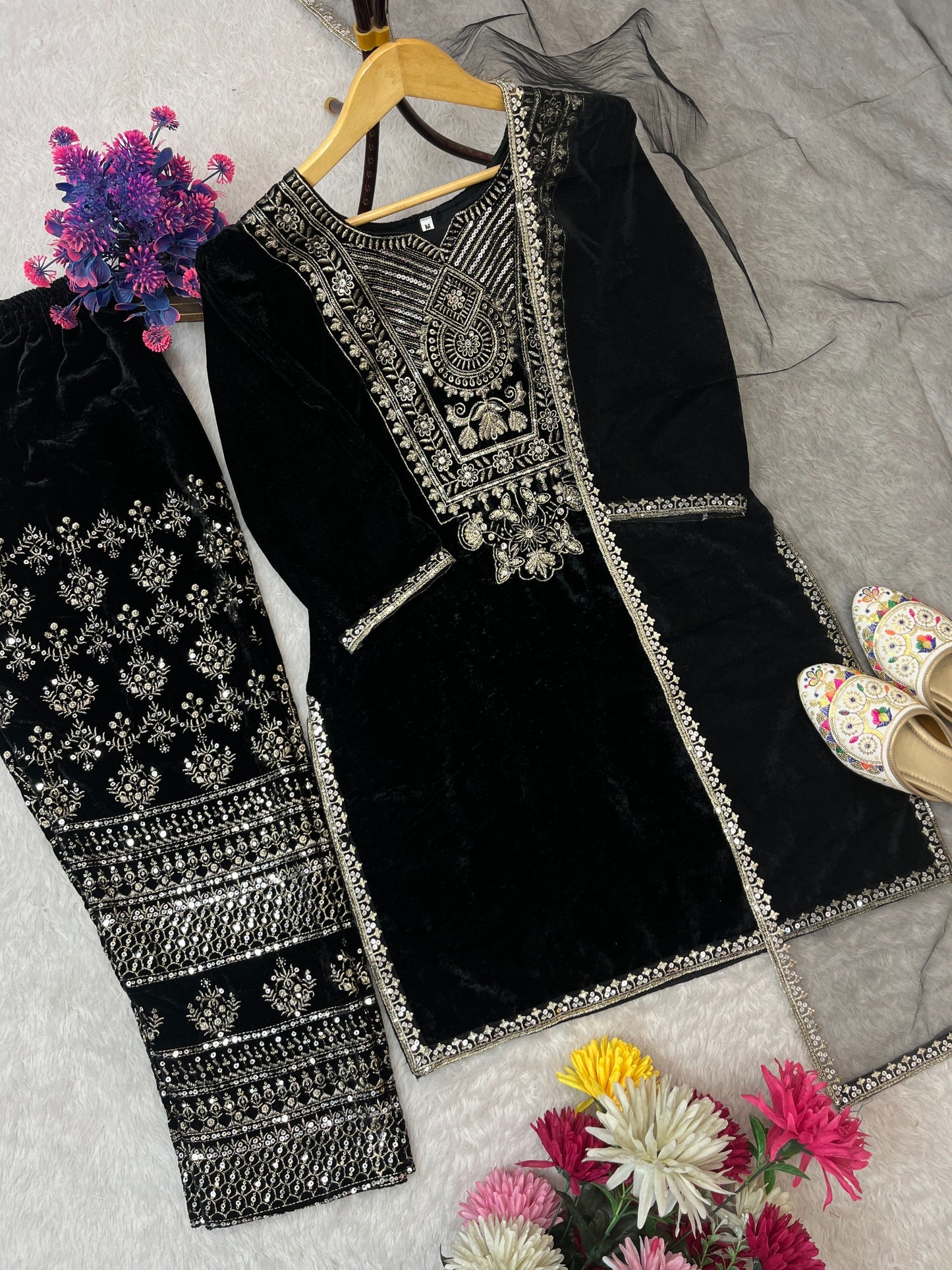 VELVET SEQUENCE EMBROIDERY WORK SUIT PANT WITH DUPATTA single available wholesale