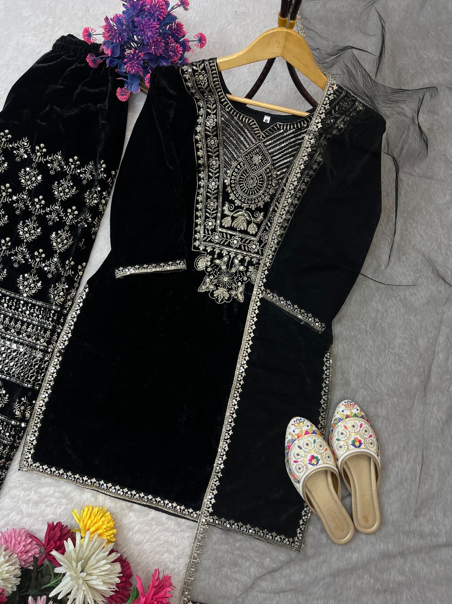 VELVET SEQUENCE EMBROIDERY WORK SUIT PANT WITH DUPATTA single available wholesale