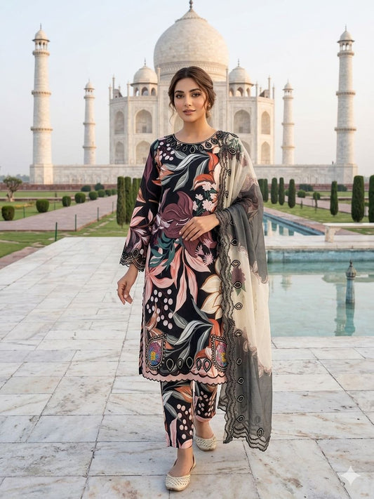 THIS SUMMER SEASON WEAR OUR BEAUTIFUL & COLOUR FULL WITH EMBROIDERED CUTWORKED TOP, PANT WITH DUPATTA