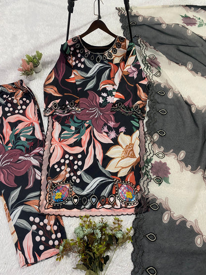 THIS SUMMER SEASON WEAR OUR BEAUTIFUL & COLOUR FULL WITH EMBROIDERED CUTWORKED TOP, PANT WITH DUPATTA