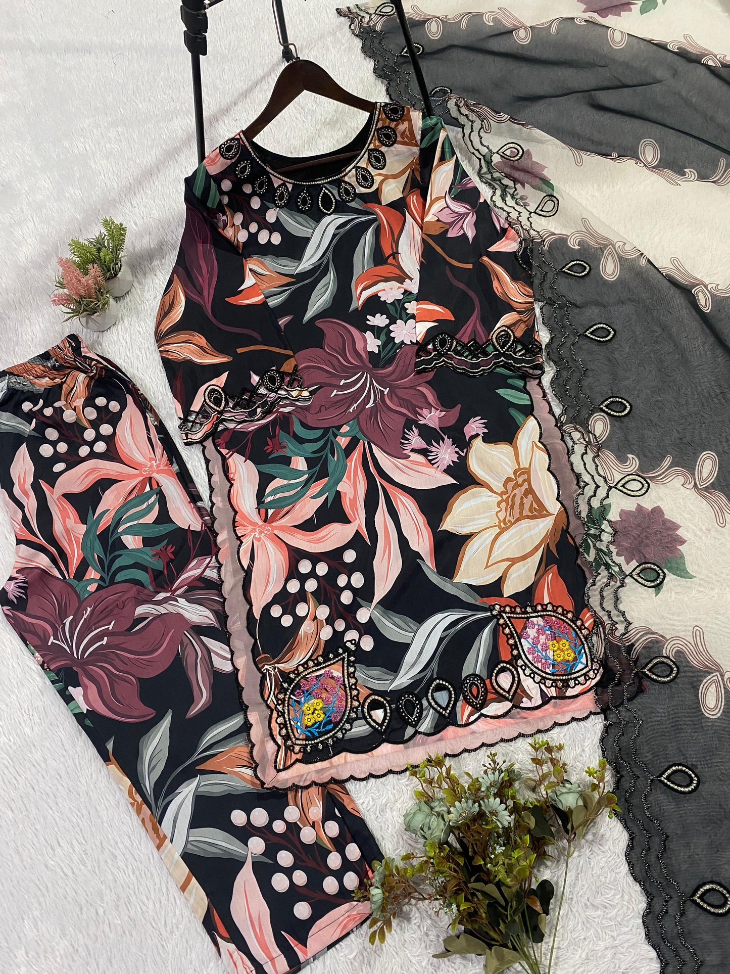 THIS SUMMER SEASON WEAR OUR BEAUTIFUL & COLOUR FULL WITH EMBROIDERED CUTWORKED TOP, PANT WITH DUPATTA