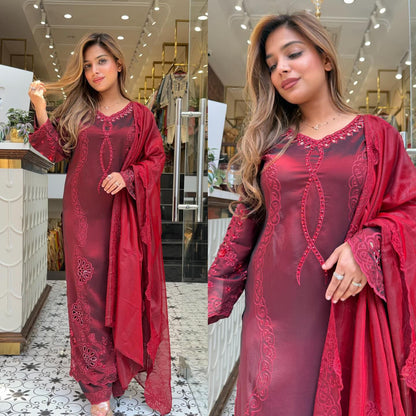 HIS WEDDING SEASON WEAR PAKISTANI SUIT WITH SEQUENCE EMBROIDERED AND CUT WORKED TOP, PLAZZO AND DUPATTA
