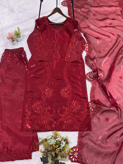HIS WEDDING SEASON WEAR PAKISTANI SUIT WITH SEQUENCE EMBROIDERED AND CUT WORKED TOP, PLAZZO AND DUPATTA