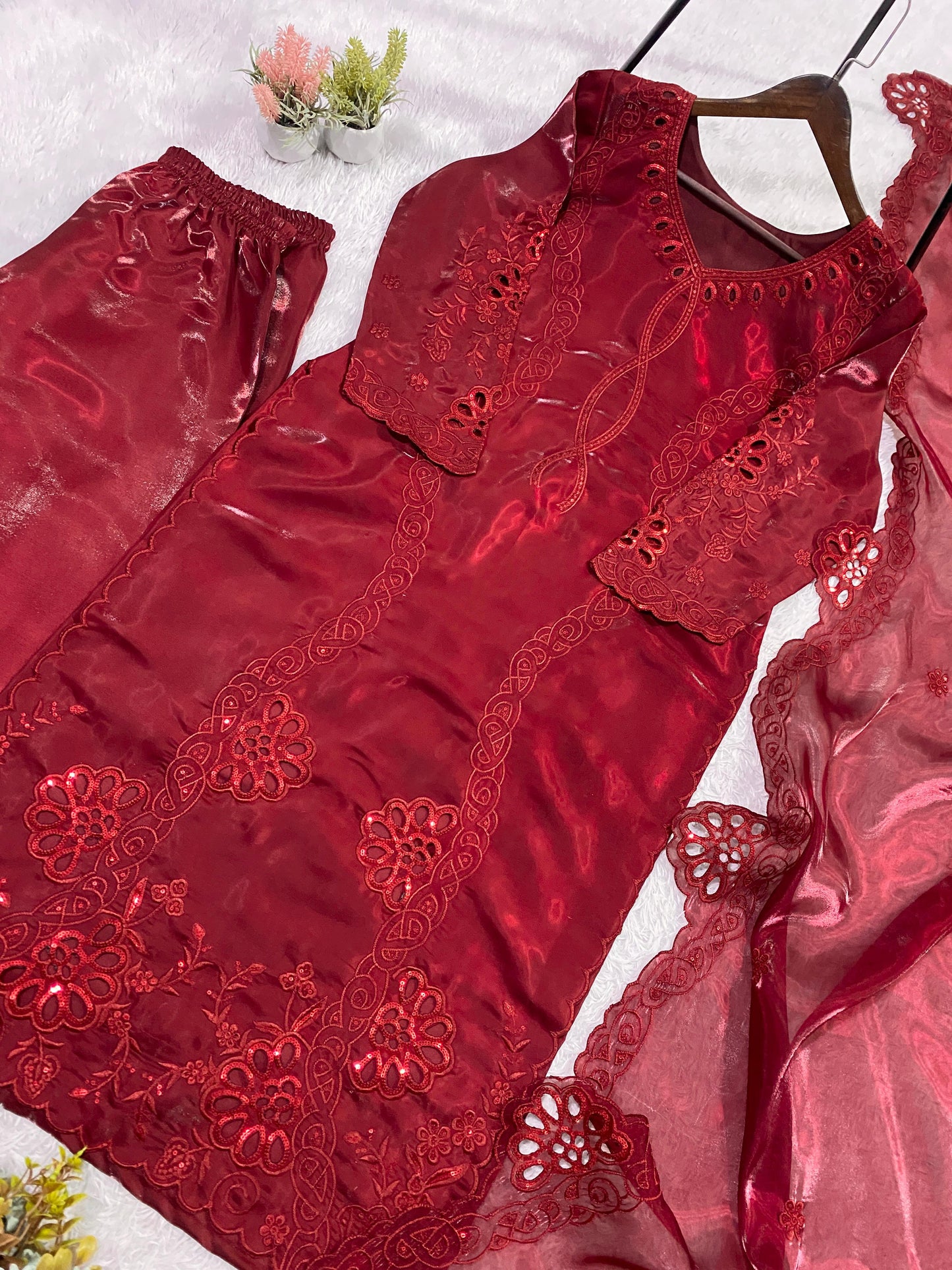 HIS WEDDING SEASON WEAR PAKISTANI SUIT WITH SEQUENCE EMBROIDERED AND CUT WORKED TOP, PLAZZO AND DUPATTA