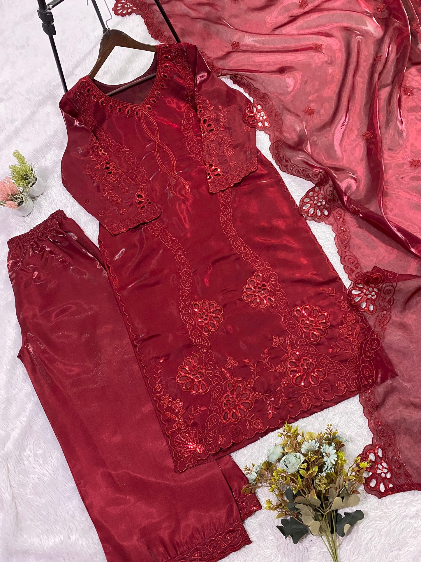 HIS WEDDING SEASON WEAR PAKISTANI SUIT WITH SEQUENCE EMBROIDERED AND CUT WORKED TOP, PLAZZO AND DUPATTA