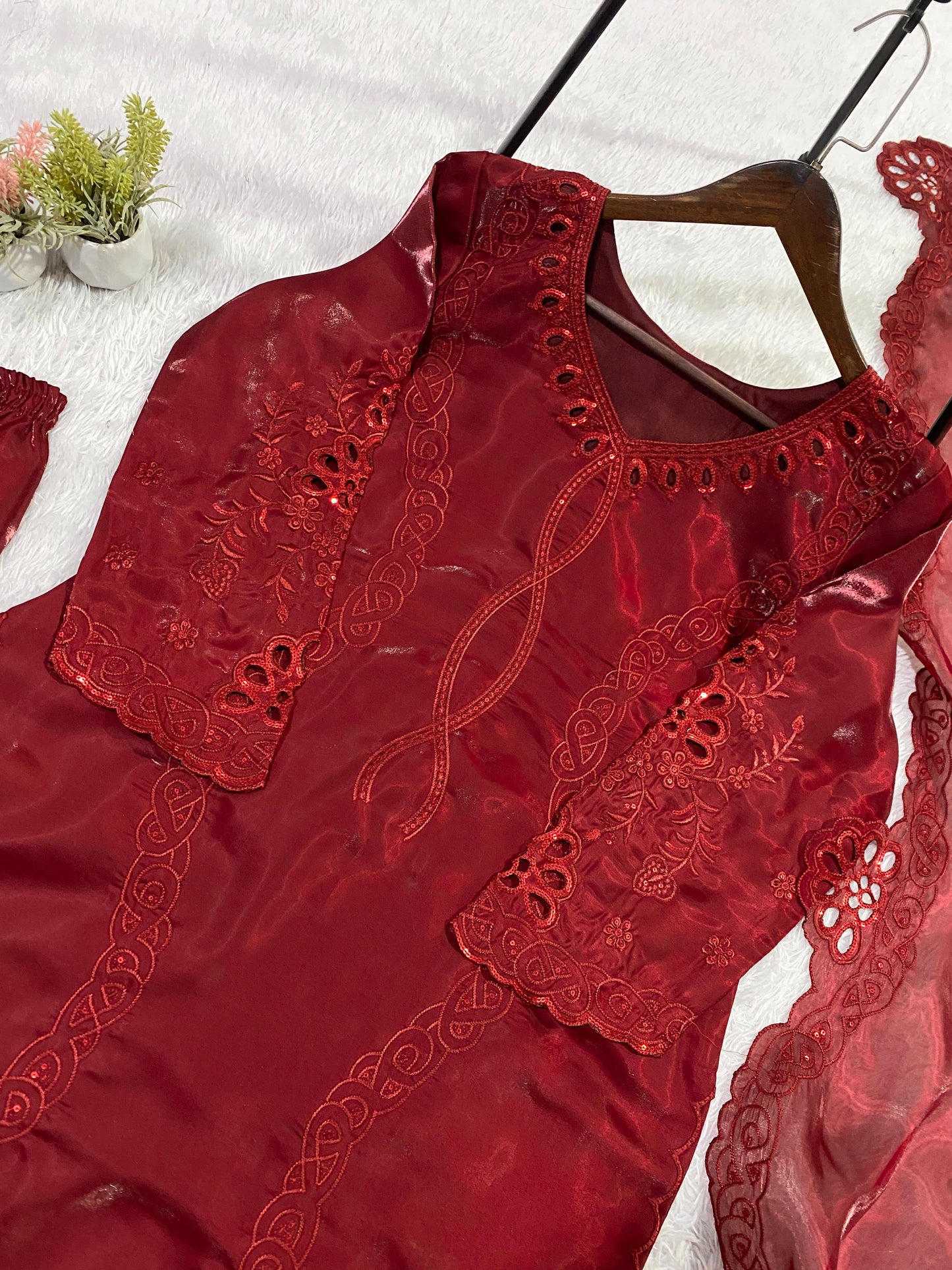 HIS WEDDING SEASON WEAR PAKISTANI SUIT WITH SEQUENCE EMBROIDERED AND CUT WORKED TOP, PLAZZO AND DUPATTA