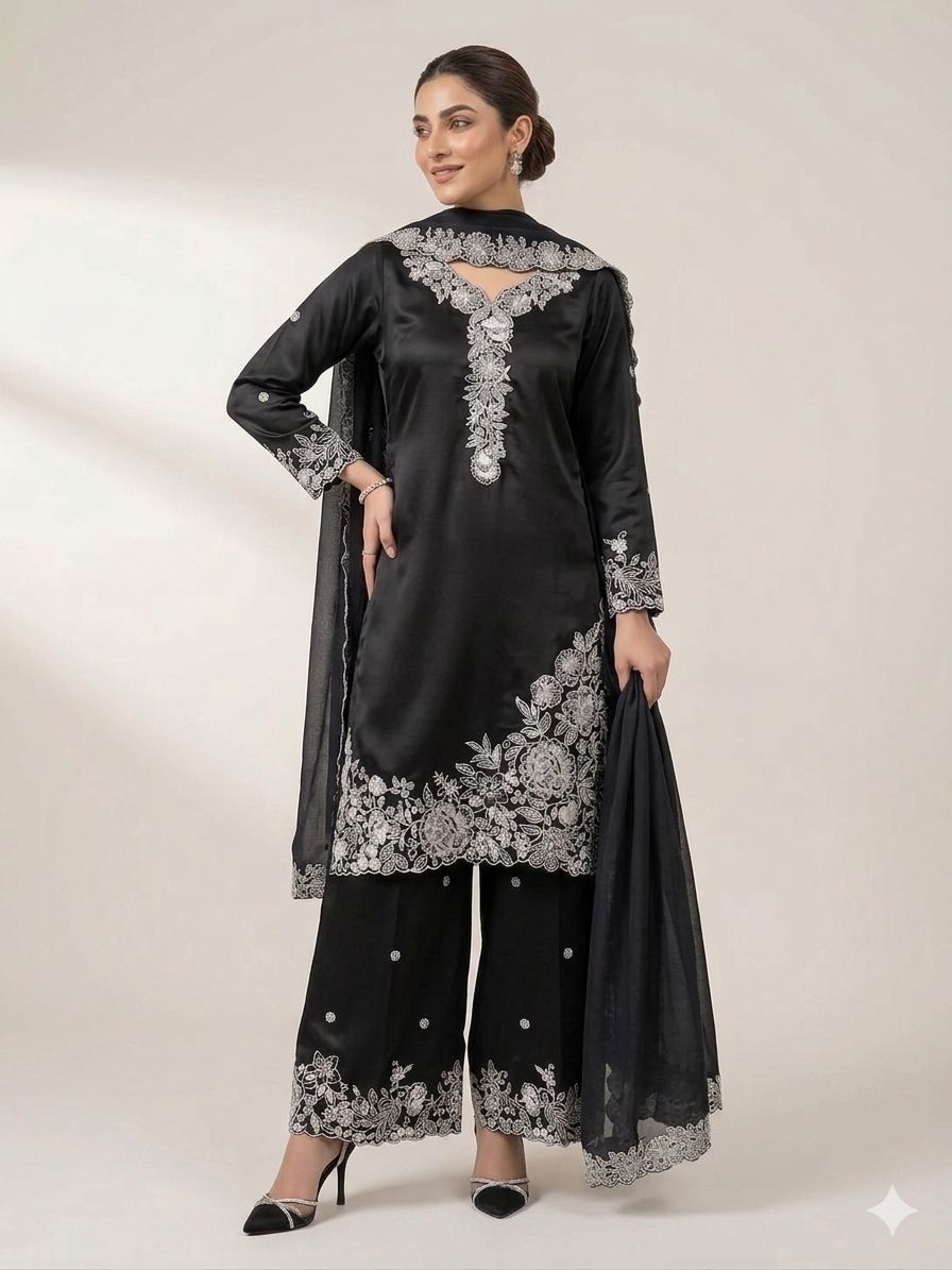 THIS EID 🌙 WEAR OUR SEQUENCE EMBROIDERY WORKED TOP, PLAZZO WITH DUPATTA