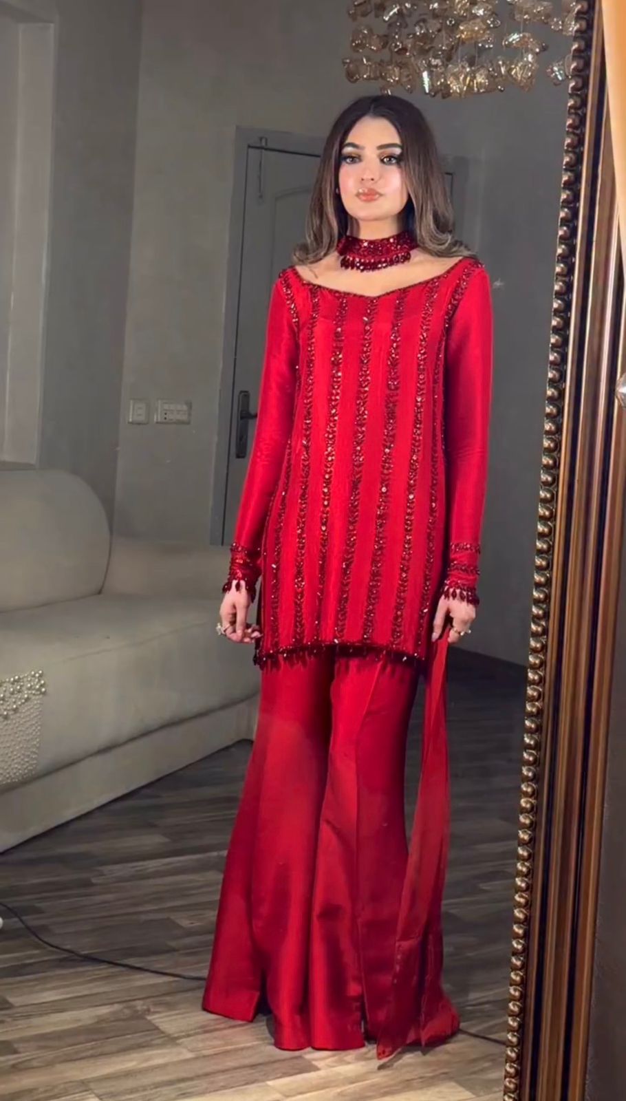 3 PIECES KURTI, PLAZZO & DUPATTA WITH ORIGINAL BEADS CUT DANA WORK