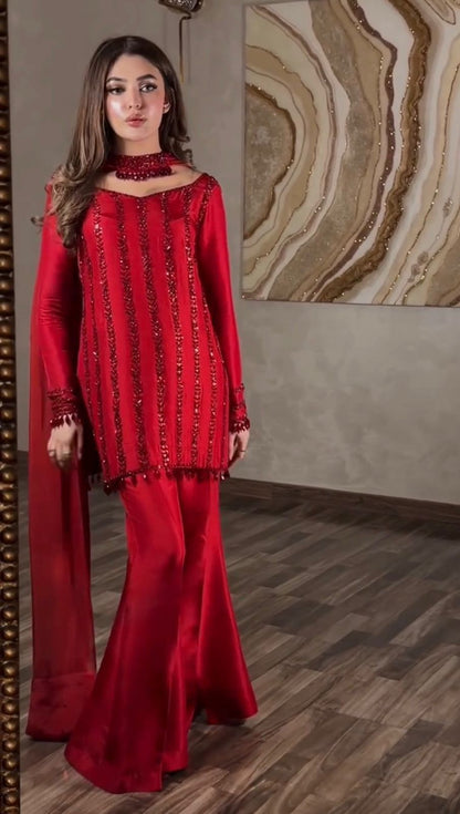 3 PIECES KURTI, PLAZZO & DUPATTA WITH ORIGINAL BEADS CUT DANA WORK