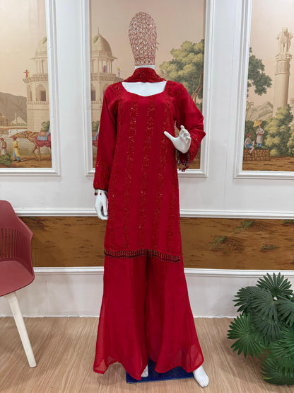 3 PIECES KURTI, PLAZZO & DUPATTA WITH ORIGINAL BEADS CUT DANA WORK