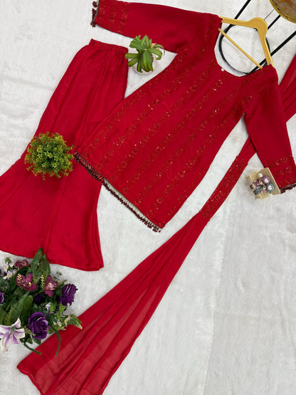 3 PIECES KURTI, PLAZZO & DUPATTA WITH ORIGINAL BEADS CUT DANA WORK