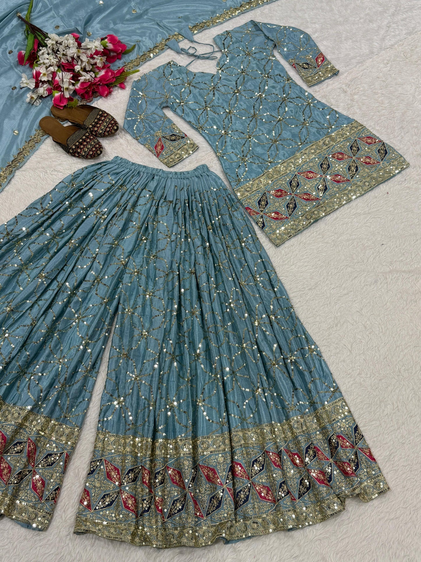 New Designer Party Wear Look Top , Sharara Plazzo  and Dupatta