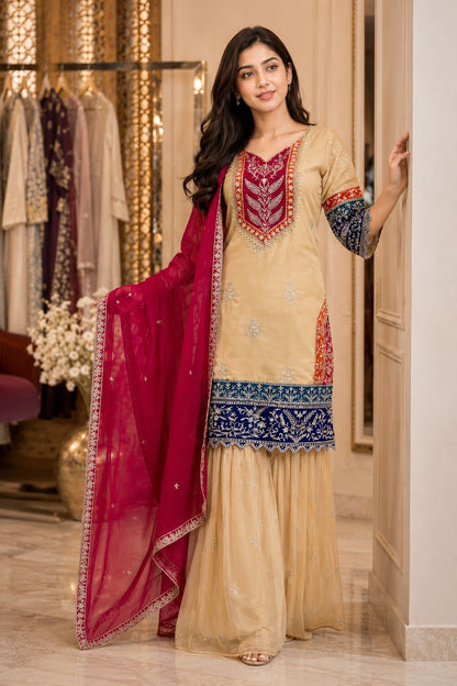 NEW LAUNCHING HEAVY 3 PIECES SUIT PAIR WITH EMBROIDERY WORK & FANCY LACE