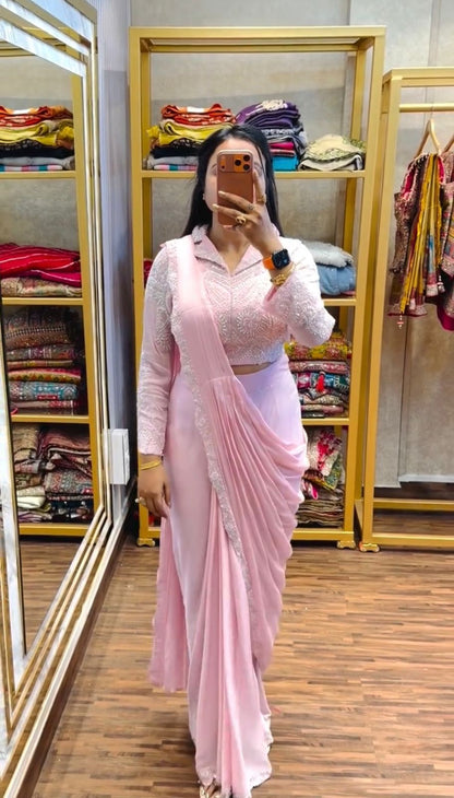 NEW SUPERHIT TRENDING READY TO WEAR SAREE WITH EMBROIDERED STYLIST BLOUSE & ON FAUX GEORGETTE FABRIC