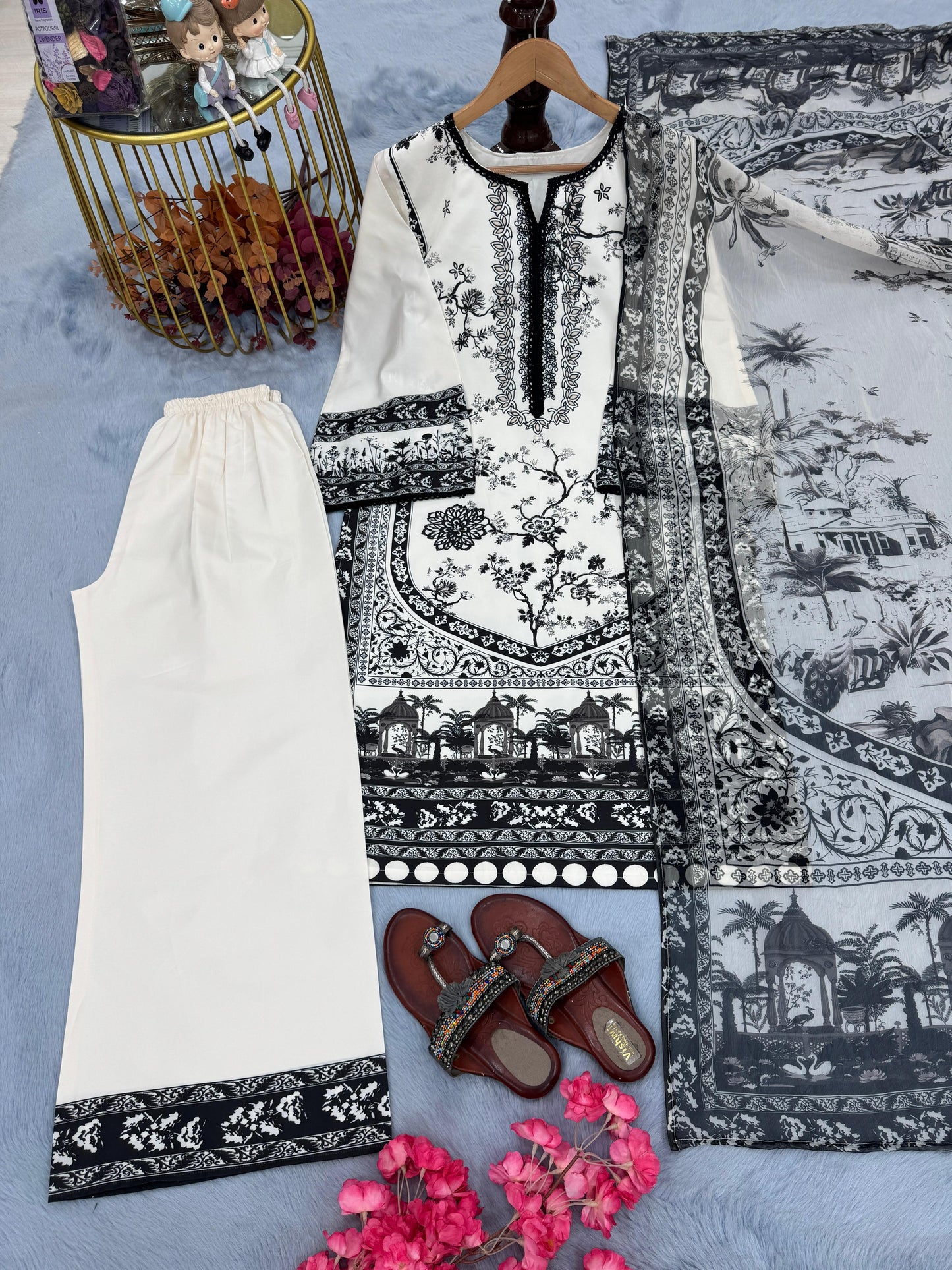 New 💃 Đěsigner Party Wear Look Printed Pur Malai Satin Long 3Pc Co-Ord Set