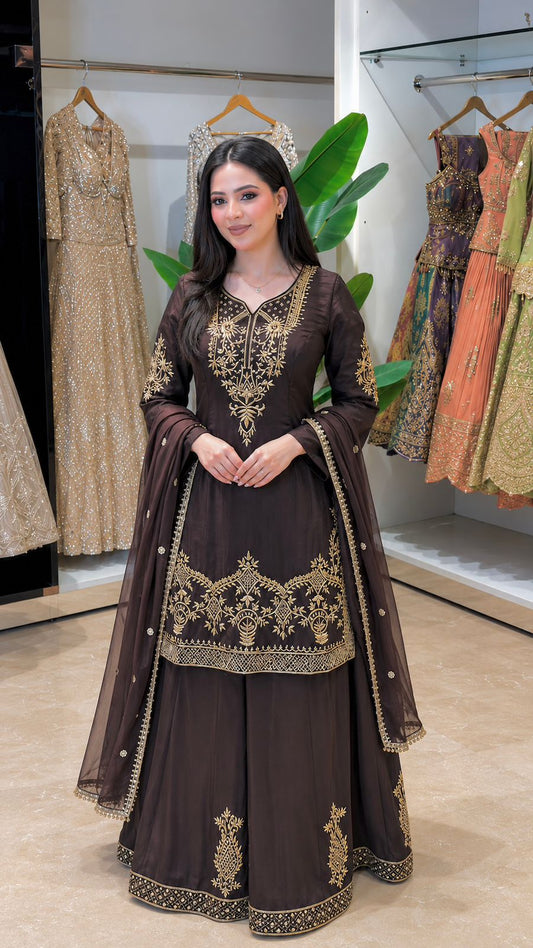 3 PIECE STYLISH TOP, PLAZAA AND DUPATTA WITH BEAUTIFUL EMBROIDERY SEQUENCE WORK