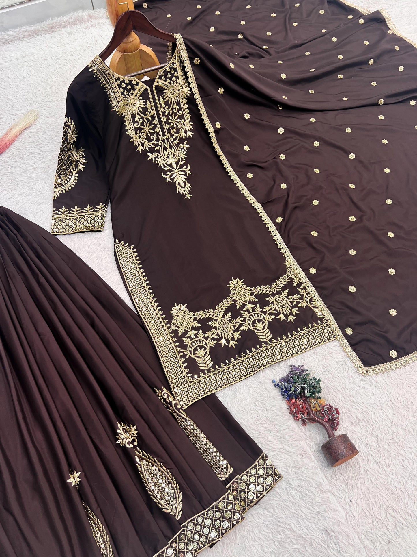 3 PIECE STYLISH TOP, PLAZAA AND DUPATTA WITH BEAUTIFUL EMBROIDERY SEQUENCE WORK