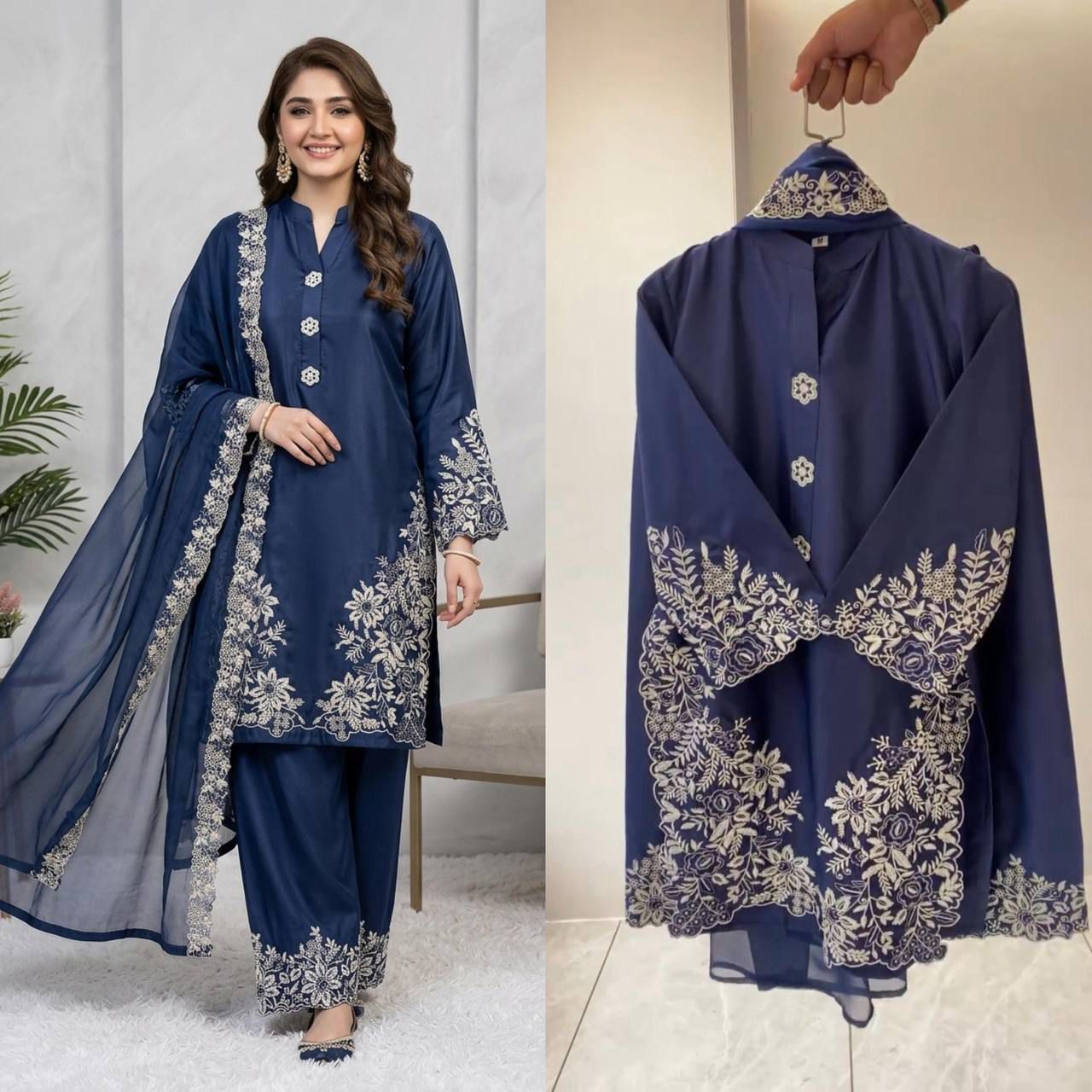 SUMMER SEASON WEAR PAKISTANI SUIT WITH EMBROIDERED WORKED TOP, PLAZZO AND DUPATTA