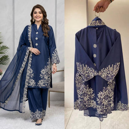 SUMMER SEASON WEAR PAKISTANI SUIT WITH EMBROIDERED WORKED TOP, PLAZZO AND DUPATTA