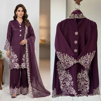 SUMMER SEASON WEAR PAKISTANI SUIT WITH EMBROIDERED WORKED TOP, PLAZZO AND DUPATTA