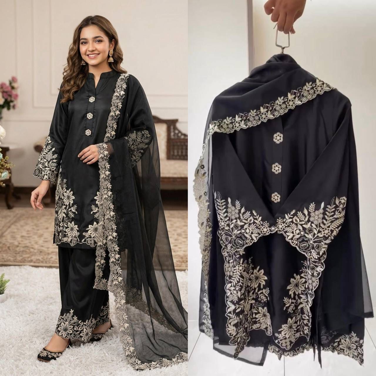 SUMMER SEASON WEAR PAKISTANI SUIT WITH EMBROIDERED WORKED TOP, PLAZZO AND DUPATTA