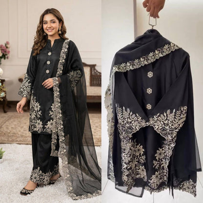 SUMMER SEASON WEAR PAKISTANI SUIT WITH EMBROIDERED WORKED TOP, PLAZZO AND DUPATTA