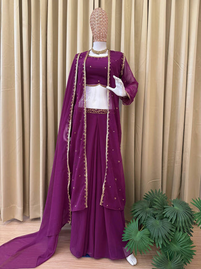 WE ARE LAUNCHING NEW SUPERHIT TRENDING FAUX GEORGETTE FABRIC 4 PIECE SET LEHENGA,BLOUSE,KOTI,DUPATTA WITH EMBROIDERY WORK