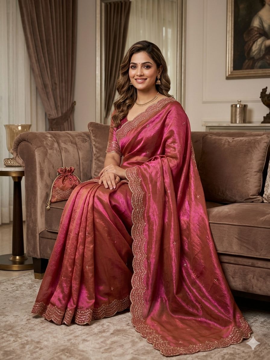 Premium two tone Space Silk Saree with beautiful multi sequence & cutdena work in all over saree  Paired with a matching embroidery blouse featuring rich embroidery work