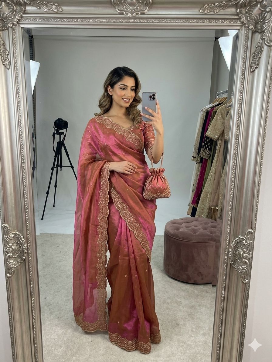 Premium two tone Space Silk Saree with beautiful multi sequence & cutdena work in all over saree  Paired with a matching embroidery blouse featuring rich embroidery work