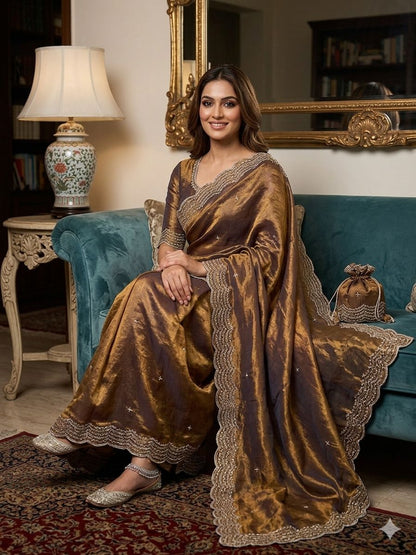 Premium two tone Space Silk Saree with beautiful multi sequence & cutdena work in all over saree  Paired with a matching embroidery blouse featuring rich embroidery work
