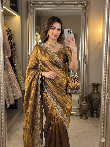 Premium two tone Space Silk Saree with beautiful multi sequence & cutdena work in all over saree  Paired with a matching embroidery blouse featuring rich embroidery work