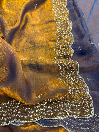 Premium two tone Space Silk Saree with beautiful multi sequence & cutdena work in all over saree  Paired with a matching embroidery blouse featuring rich embroidery work