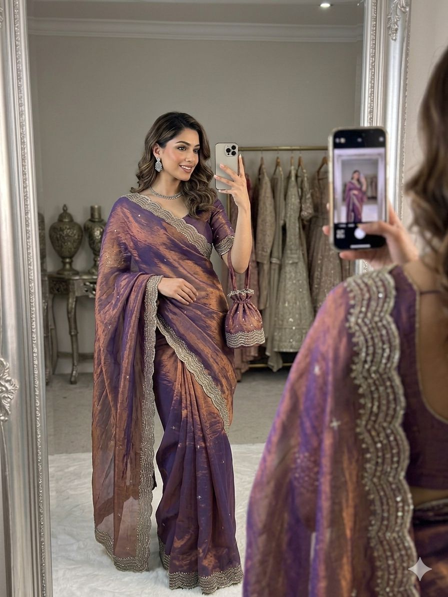 Premium two tone Space Silk Saree with beautiful multi sequence & cutdena work in all over saree  Paired with a matching embroidery blouse featuring rich embroidery work