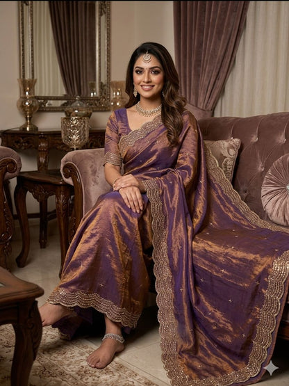 Premium two tone Space Silk Saree with beautiful multi sequence & cutdena work in all over saree  Paired with a matching embroidery blouse featuring rich embroidery work