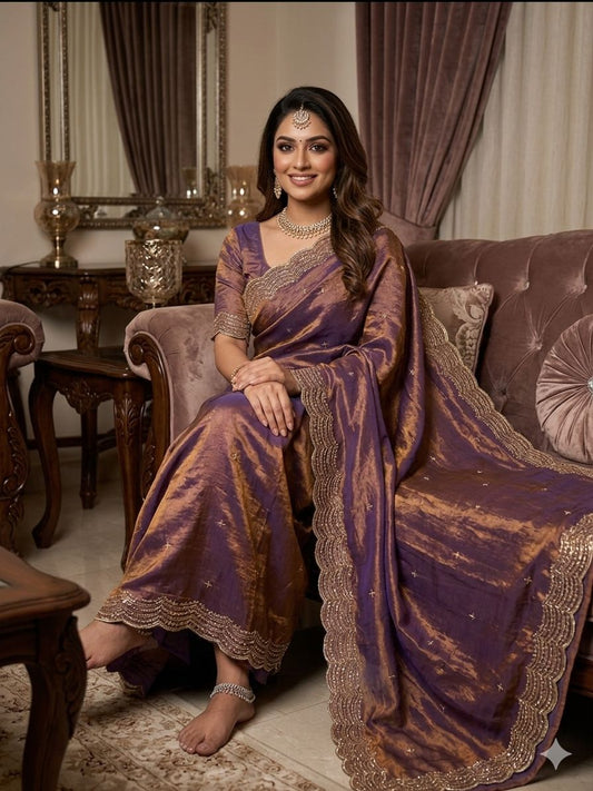 Premium two tone Space Silk Saree with beautiful multi sequence & cutdena work in all over saree  Paired with a matching embroidery blouse featuring rich embroidery work