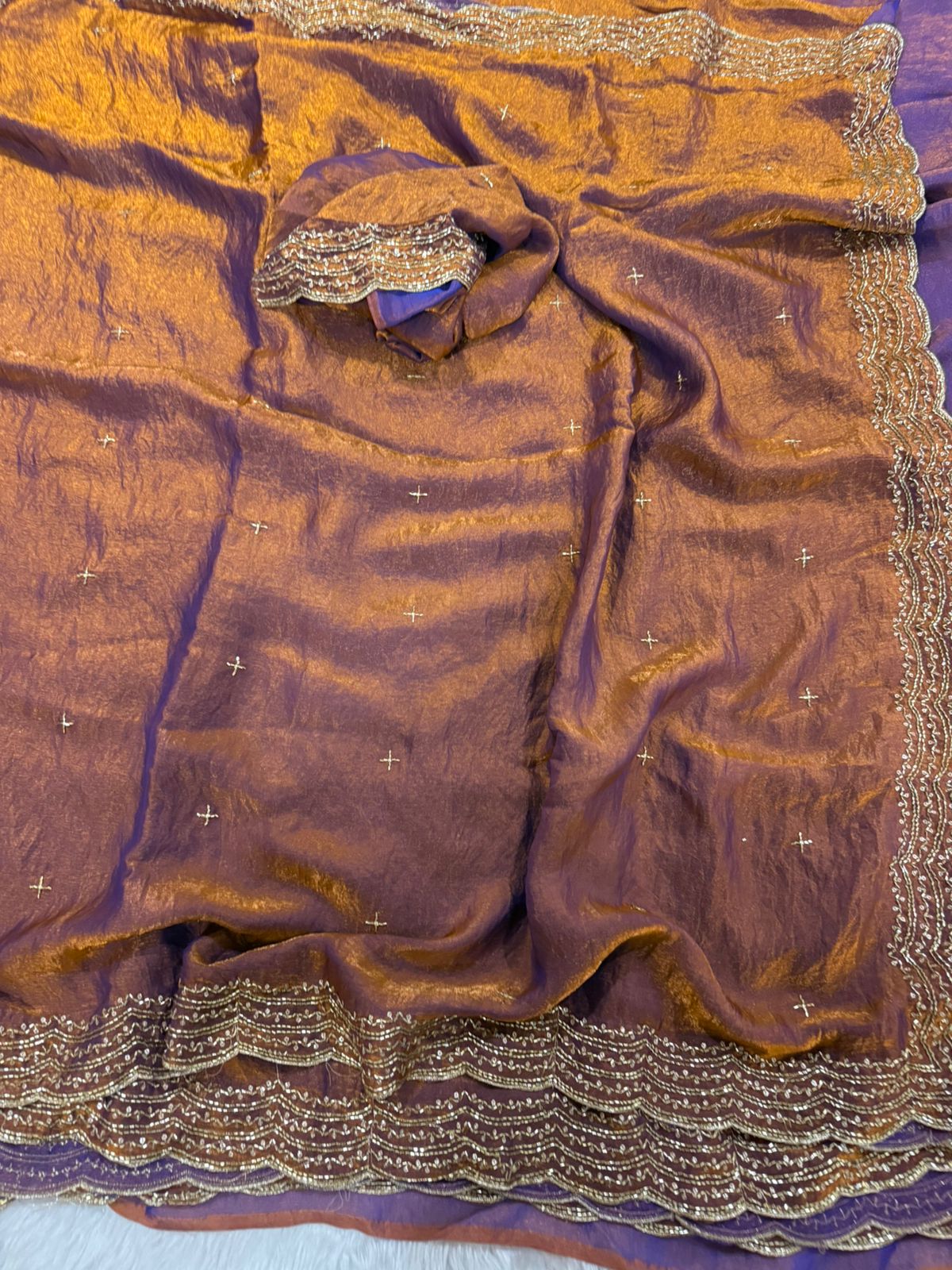 Premium two tone Space Silk Saree with beautiful multi sequence & cutdena work in all over saree  Paired with a matching embroidery blouse featuring rich embroidery work