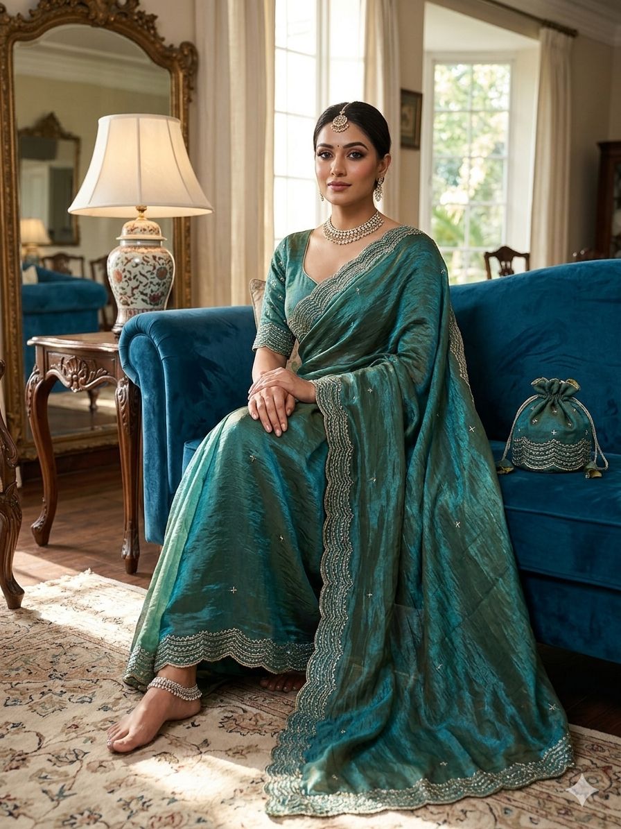 Premium two tone Space Silk Saree with beautiful multi sequence & cutdena work in all over saree  Paired with a matching embroidery blouse featuring rich embroidery work