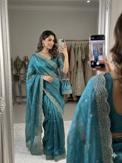 Premium two tone Space Silk Saree with beautiful multi sequence & cutdena work in all over saree  Paired with a matching embroidery blouse featuring rich embroidery work