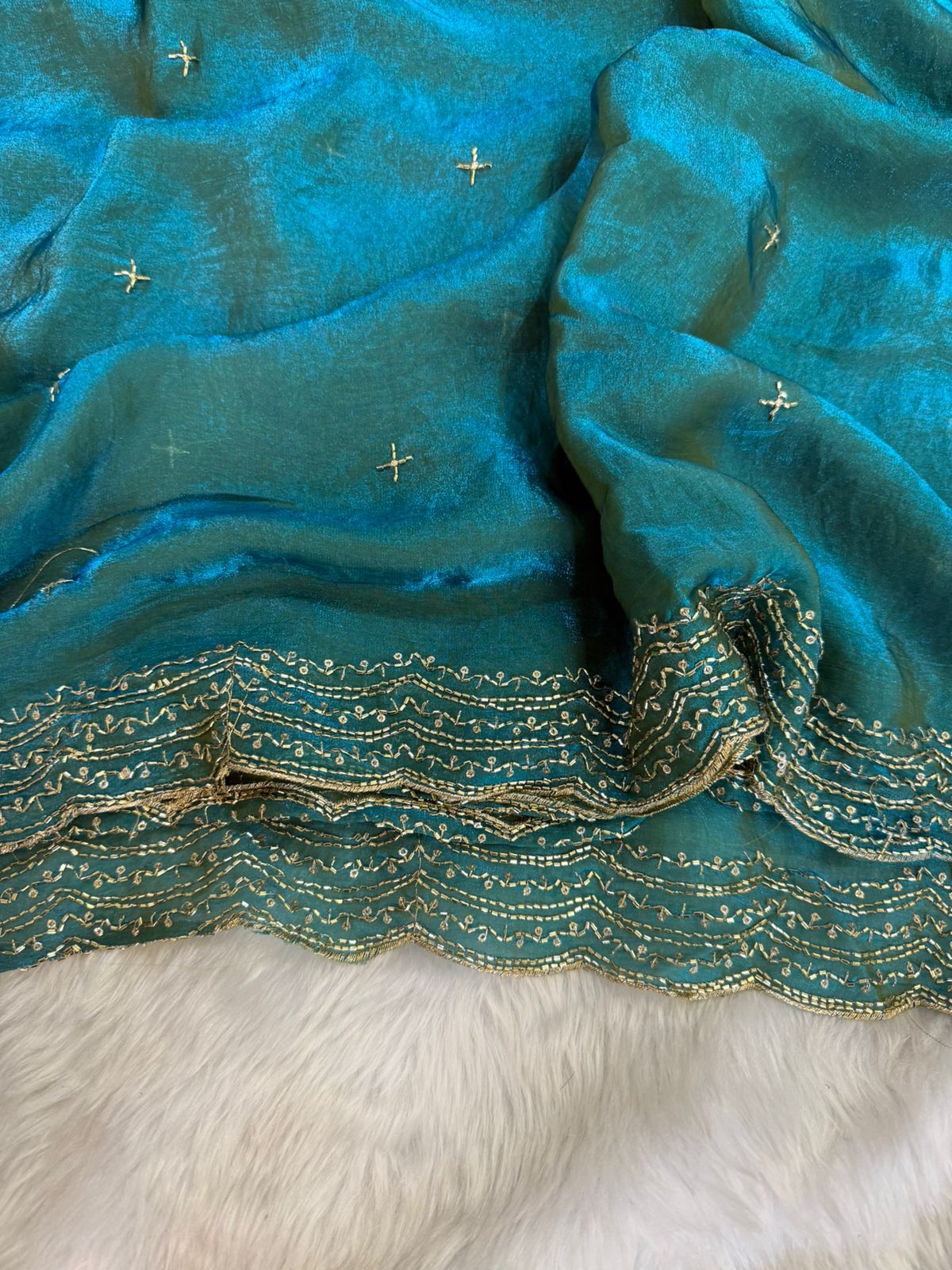 Premium two tone Space Silk Saree with beautiful multi sequence & cutdena work in all over saree  Paired with a matching embroidery blouse featuring rich embroidery work