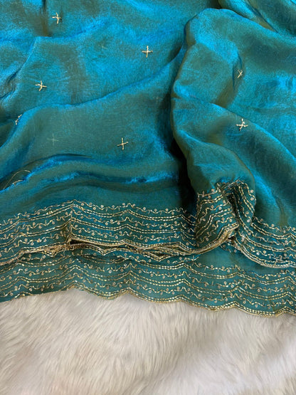 Premium two tone Space Silk Saree with beautiful multi sequence & cutdena work in all over saree  Paired with a matching embroidery blouse featuring rich embroidery work