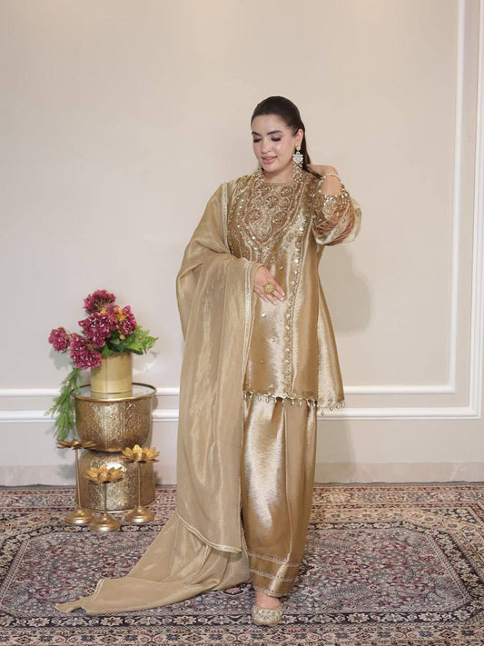 EXCLUSIVE AND TRENDY FOR WEDDING SEASON OUT SEQUENCE EMBROIDERED TOP, SALWAAR AND DUPATTA