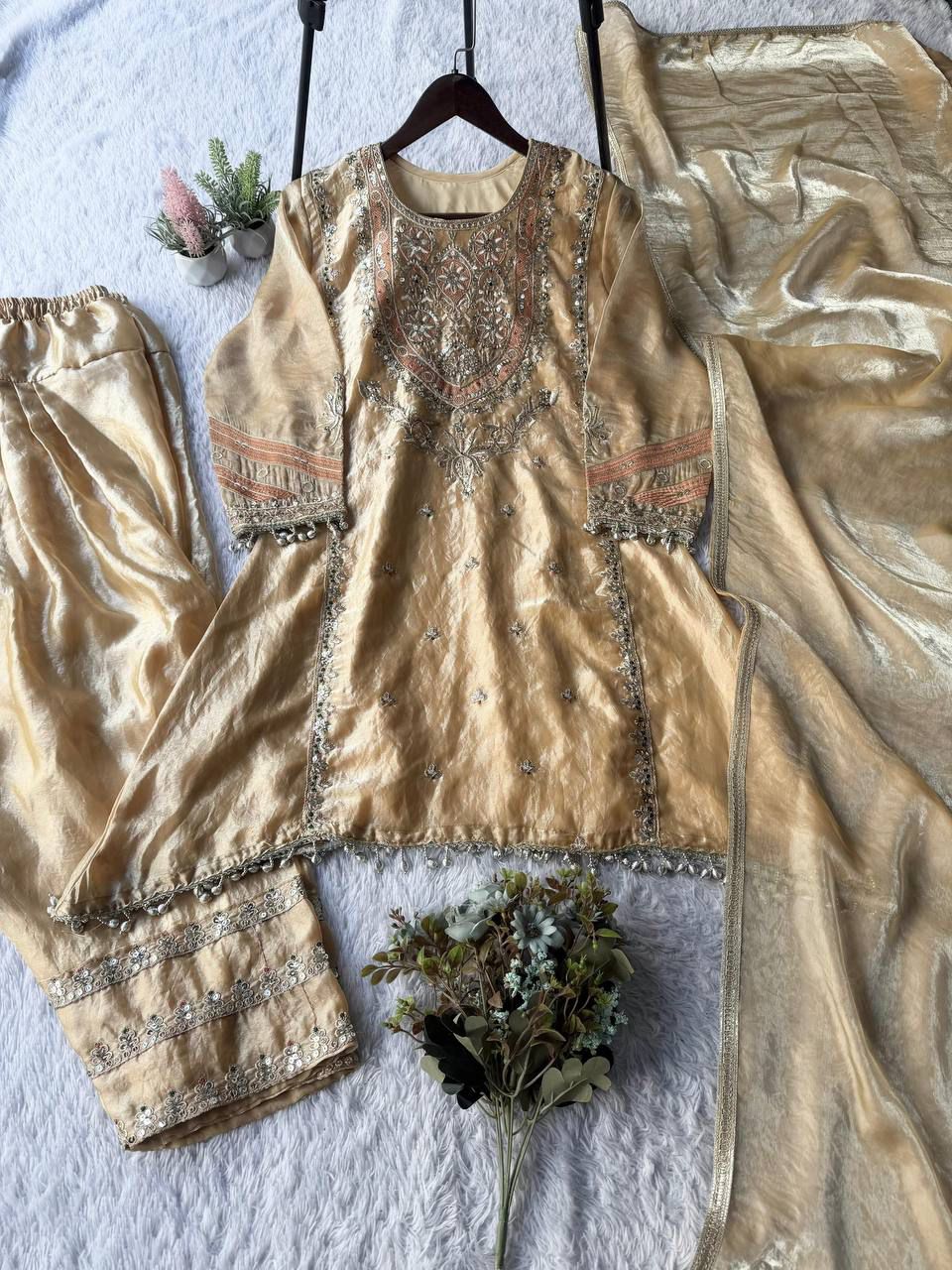 EXCLUSIVE AND TRENDY FOR WEDDING SEASON OUT SEQUENCE EMBROIDERED TOP, SALWAAR AND DUPATTA