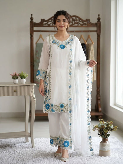 THIS SESSION WEAR OUR BEAUTIFUL EMBROIDERED TOP , PLAZZO WITH DUPATTA IN 3 BEAUTIFUL COLOURS