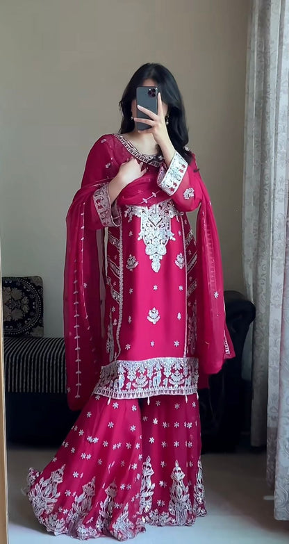 3 PIECE STYLISH TOP, PLAZZO AND DUPATTA WITH BEAUTIFUL EMBROIDERY SEQUENCE WORK