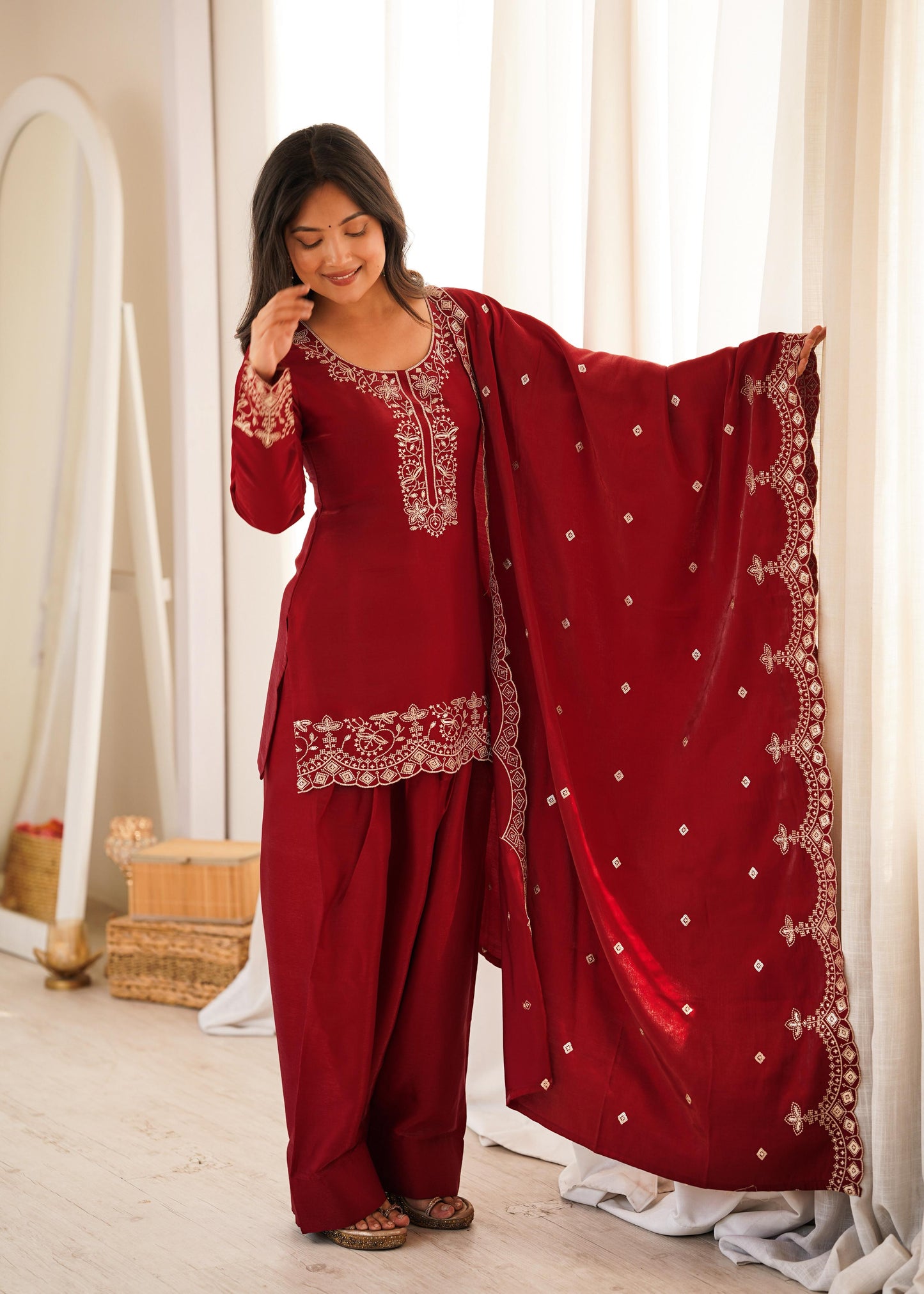 NEW GLASS ROMAN SILK FABRIC WITH EMBROIDERY SEQUENCE AND JARI WORK TOP,DUPPTA SET WITH FARSHI SHALWAR READY TO WEAR