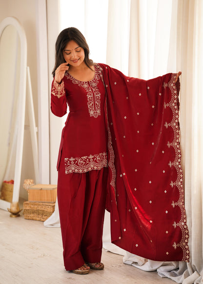 NEW GLASS ROMAN SILK FABRIC WITH EMBROIDERY SEQUENCE AND JARI WORK TOP,DUPPTA SET WITH FARSHI SHALWAR READY TO WEAR