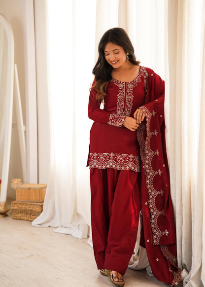 NEW GLASS ROMAN SILK FABRIC WITH EMBROIDERY SEQUENCE AND JARI WORK TOP,DUPPTA SET WITH FARSHI SHALWAR READY TO WEAR