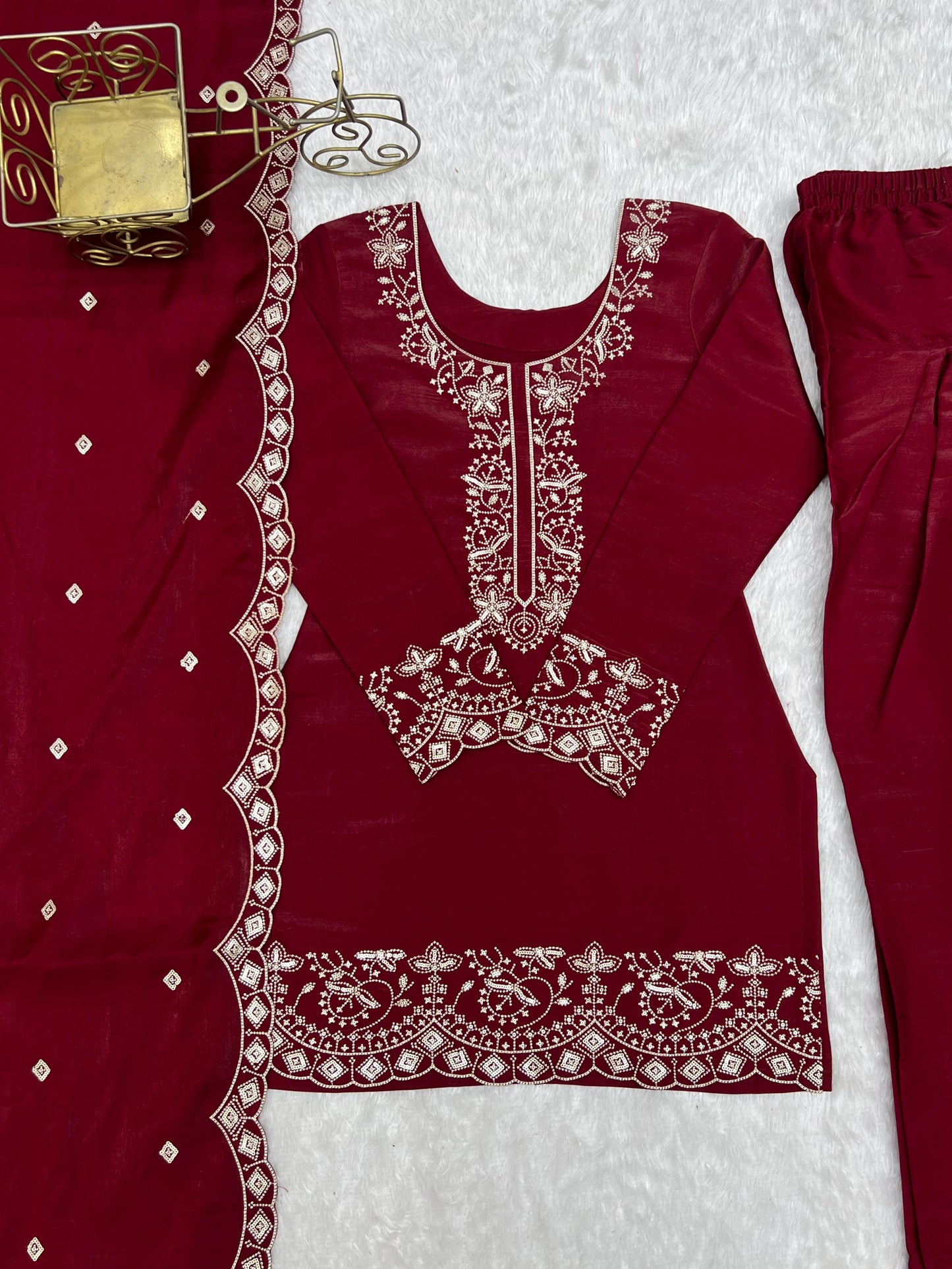 NEW GLASS ROMAN SILK FABRIC WITH EMBROIDERY SEQUENCE AND JARI WORK TOP,DUPPTA SET WITH FARSHI SHALWAR READY TO WEAR