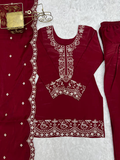 NEW GLASS ROMAN SILK FABRIC WITH EMBROIDERY SEQUENCE AND JARI WORK TOP,DUPPTA SET WITH FARSHI SHALWAR READY TO WEAR